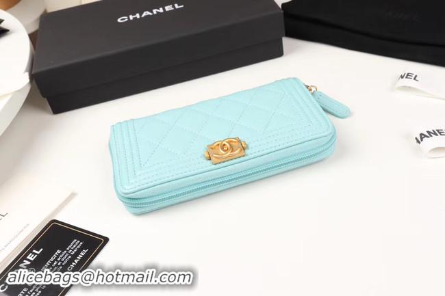 Best Price Chanel Calfskin Leather & Gold-Tone Metal Wallet A80566 Light blue