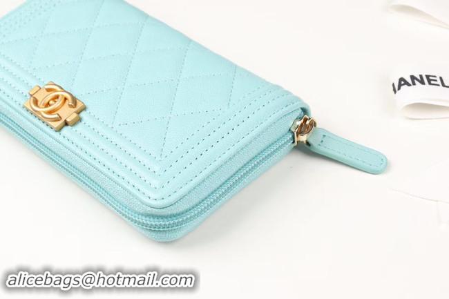 Best Price Chanel Calfskin Leather & Gold-Tone Metal Wallet A80566 Light blue