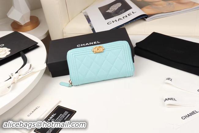 Best Price Chanel Calfskin Leather & Gold-Tone Metal Wallet A80566 Light blue