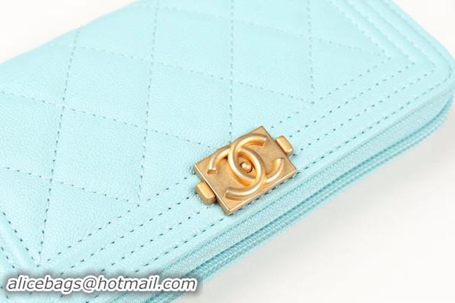 Best Price Chanel Calfskin Leather & Gold-Tone Metal Wallet A80566 Light blue