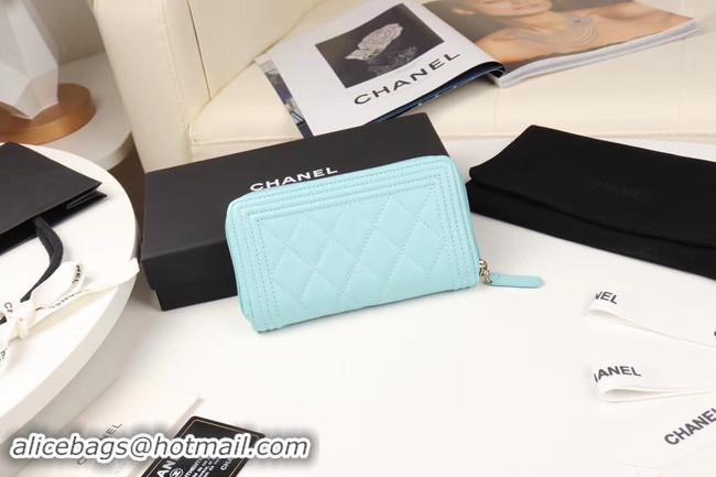 Best Price Chanel Calfskin Leather & Gold-Tone Metal Wallet A80566 Light blue