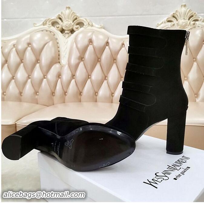 ​Discount Saint Laurent Heel 9.5cm LOU Suede Ankle Boots YSL8963 Black with Multiple Buckles 2019