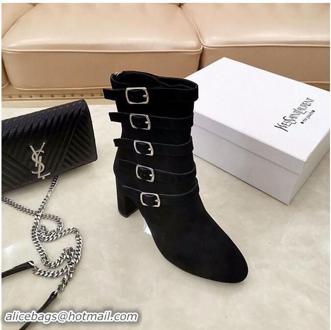 ​Discount Saint Laurent Heel 9.5cm LOU Suede Ankle Boots YSL8963 Black with Multiple Buckles 2019