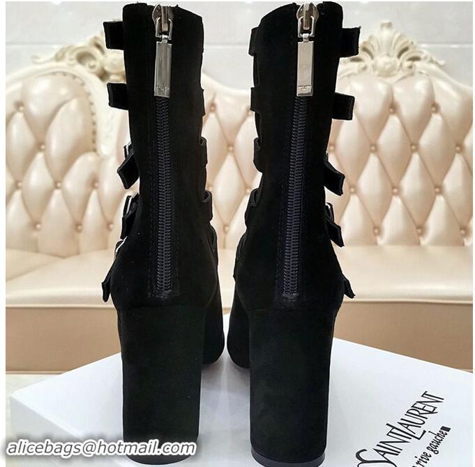 ​Discount Saint Laurent Heel 9.5cm LOU Suede Ankle Boots YSL8963 Black with Multiple Buckles 2019