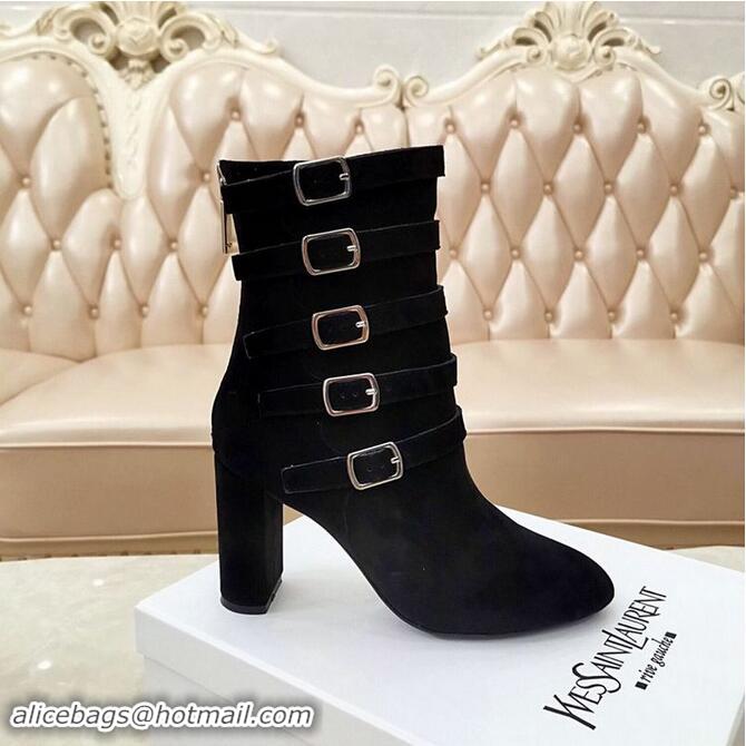 ​Discount Saint Laurent Heel 9.5cm LOU Suede Ankle Boots YSL8963 Black with Multiple Buckles 2019