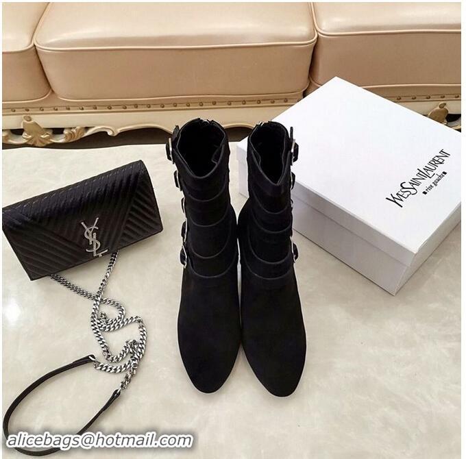 ​Discount Saint Laurent Heel 9.5cm LOU Suede Ankle Boots YSL8963 Black with Multiple Buckles 2019