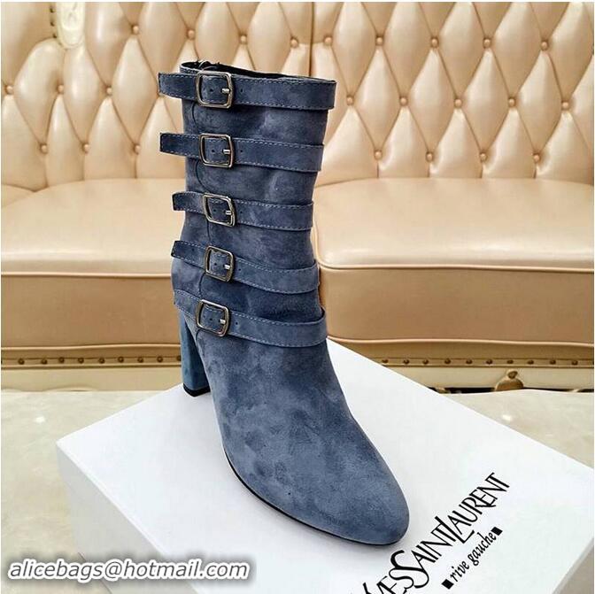 Spot Saint Laurent Heel 9.5cm LOU Suede Ankle Boots YSL8963 Gray with Multiple Buckles