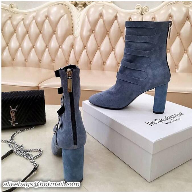 Spot Saint Laurent Heel 9.5cm LOU Suede Ankle Boots YSL8963 Gray with Multiple Buckles