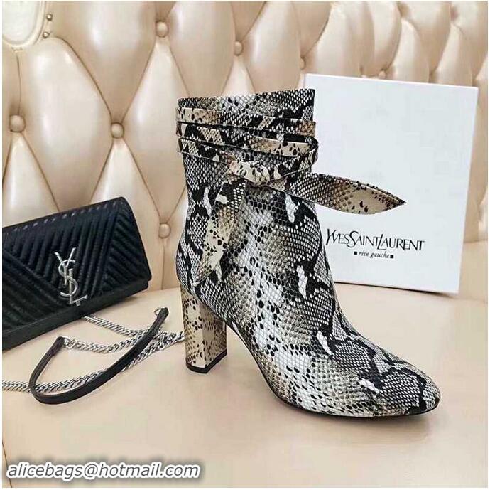 ​Top Quality Saint Laurent Heel 9.5cm Leather Ankle Boots Python Pattern with Bow Knot YSL8967