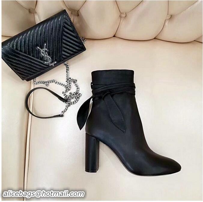 Discount Saint Laurent Heel 9.5cm Leather Ankle Boots Black with Bow Knot YSL8968