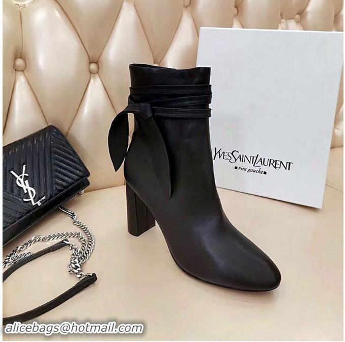 Discount Saint Laurent Heel 9.5cm Leather Ankle Boots Black with Bow Knot YSL8968