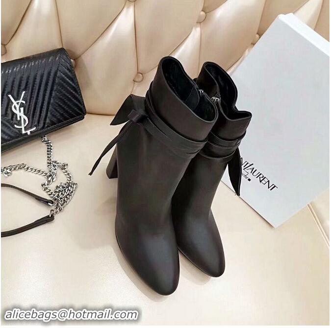 Discount Saint Laurent Heel 9.5cm Leather Ankle Boots Black with Bow Knot YSL8968