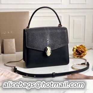 Stylish BVLGARI Serpenti Forever Devil Pearl Fish Skin Leather Shoulder Bag 058962 Black