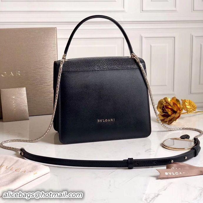 Stylish BVLGARI Serpenti Forever Devil Pearl Fish Skin Leather Shoulder Bag 058962 Black