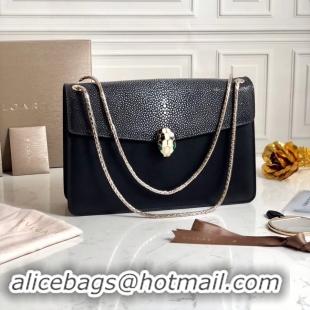 Grade Quality BVLGARI Serpenti Forever Shoulder Bag Pearl fish skin&Calfskin Leather 289013 black