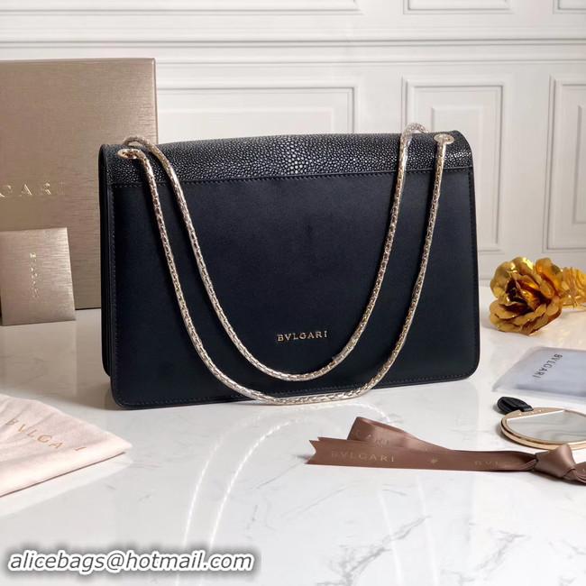 Grade Quality BVLGARI Serpenti Forever Shoulder Bag Pearl fish skin&Calfskin Leather 289013 black