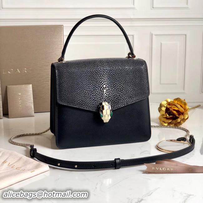 Sumptuous Bvlgari Serpenti Forever Pearl fish skin&Calfskin Leather small crossbody bag 288687 black 