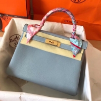 Perfect Hermes original Togo leather kelly bag KL32 light blue