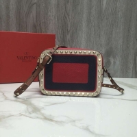 Practical VALENTINO Rockstud leather camera cross-body bag 2856 Black&red&white