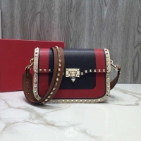 Luxury Hot VALENTINO Rockstud grained leather messenger 0936B Black&red&white