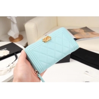 Best Price Chanel Calfskin Leather & Gold-Tone Metal Wallet A80566 Light blue