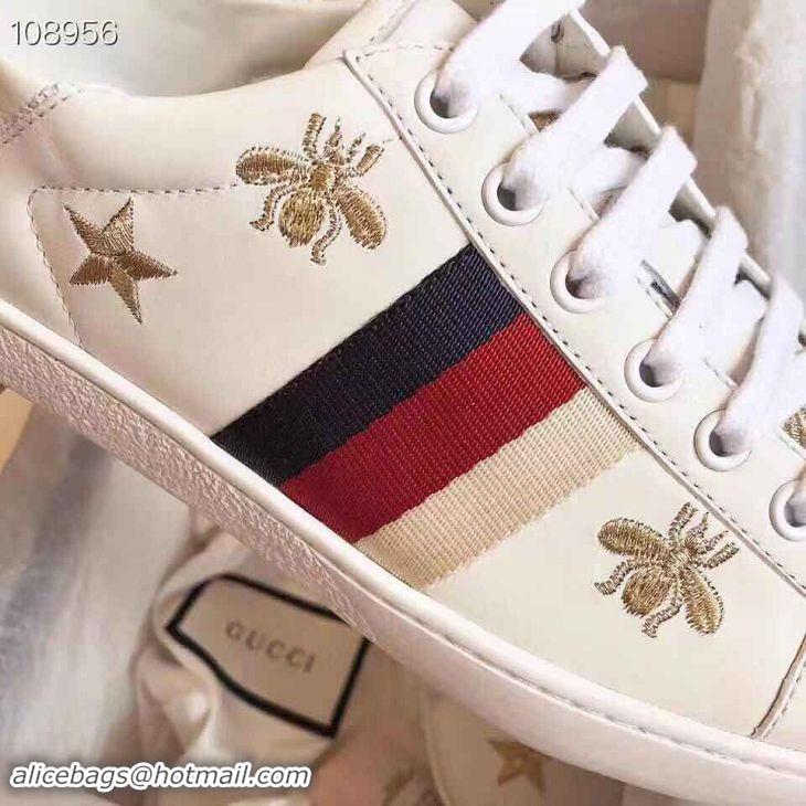 Grade Gucci Ace Leather Low-Top Sneakers Blue/Red Web Embroidered Bee G89103 White