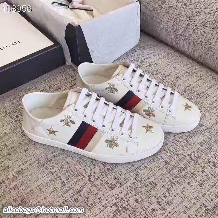 Grade Gucci Ace Leather Low-Top Sneakers Blue/Red Web Embroidered Bee G89103 White