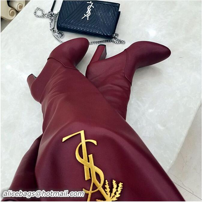 Best Price Yves Saint Laurent Heel 9.5cm High Boots Burgundy/YSL Logo YSL8977 2019