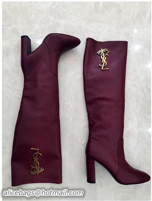 Best Price Yves Saint Laurent Heel 9.5cm High Boots Burgundy/YSL Logo YSL8977 2019