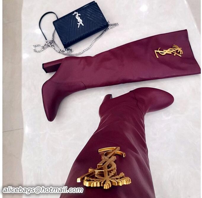 Best Price Yves Saint Laurent Heel 9.5cm High Boots Burgundy/YSL Logo YSL8977 2019