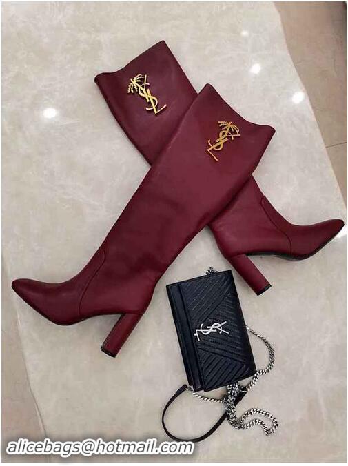 Best Price Yves Saint Laurent Heel 9.5cm High Boots Burgundy/YSL Logo YSL8977 2019