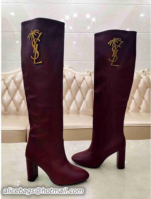 Best Price Yves Saint Laurent Heel 9.5cm High Boots Burgundy/YSL Logo YSL8977 2019