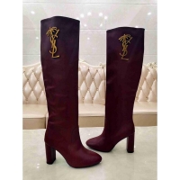 Best Price Yves Saint Laurent Heel 9.5cm High Boots Burgundy/YSL Logo YSL8977 2019