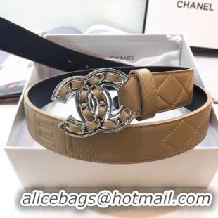 New Design Chanel Width 32mm CC Logo Calf Leather Belt 56606 Brown