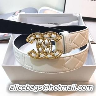 Fashion Show Collection Chanel Width 32mm CC Logo Calf Leather Belt 56607 White