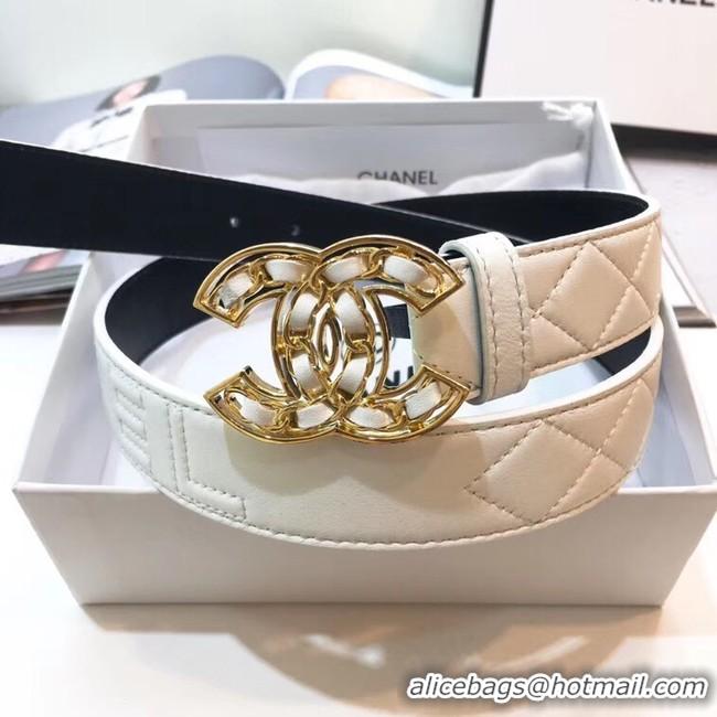 Fashion Show Collection Chanel Width 32mm CC Logo Calf Leather Belt 56607 White