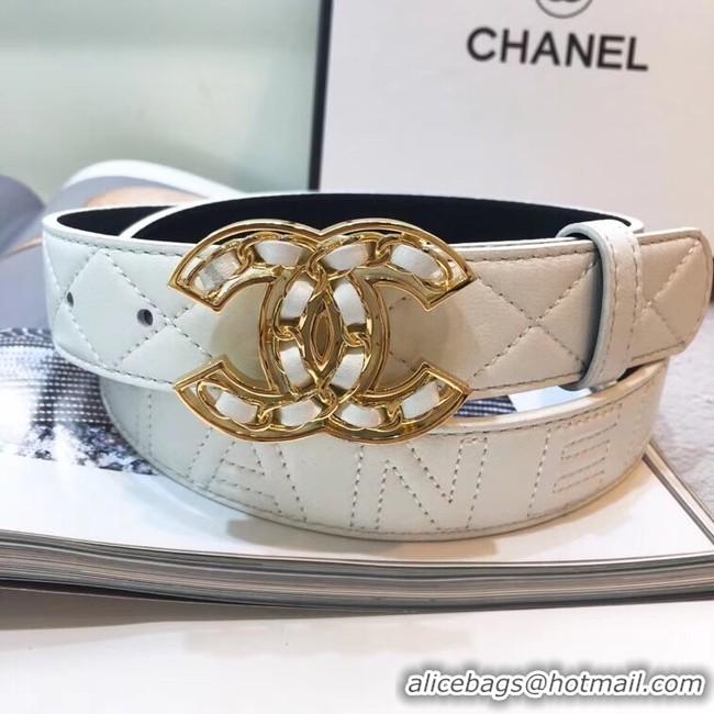 Fashion Show Collection Chanel Width 32mm CC Logo Calf Leather Belt 56607 White