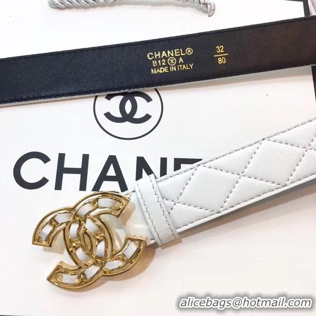 Fashion Show Collection Chanel Width 32mm CC Logo Calf Leather Belt 56607 White