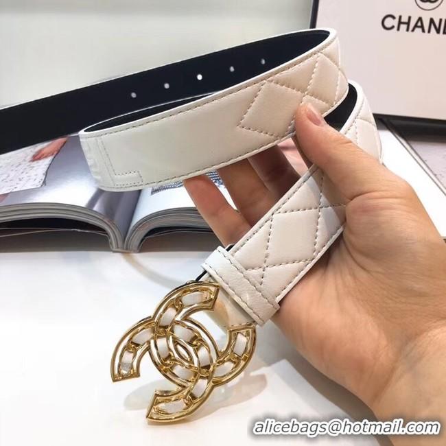 Fashion Show Collection Chanel Width 32mm CC Logo Calf Leather Belt 56607 White