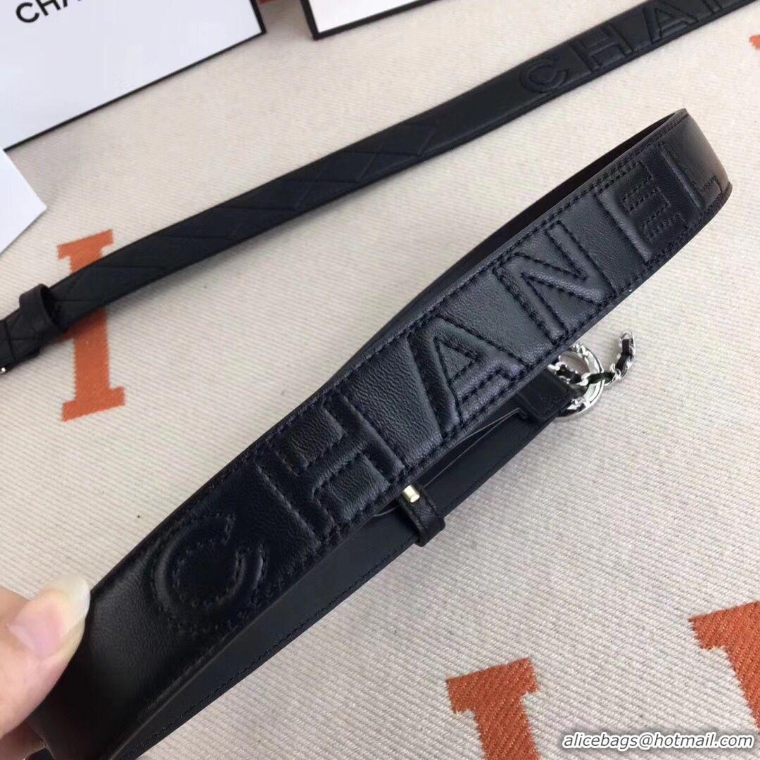 Fashion Hot Sell Chanel Calf Leather Belt CC Logo Width 30mm 56610 Black