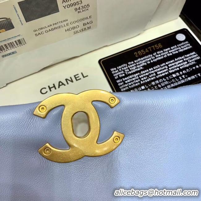 Shop Feminine CHANEL 19 Flap Bag AS1160 light blue