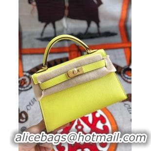 Unique Discount Hermes original mini Kelly chevre mysore K19CM yellow&Gold Metal