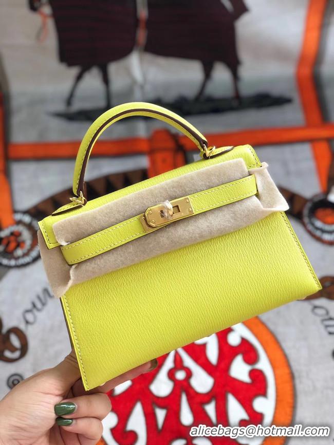 Unique Discount Hermes original mini Kelly chevre mysore K19CM yellow&Gold Metal