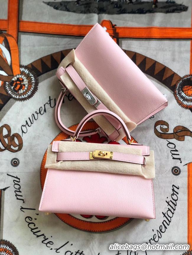 Popular Style Hermes original mini Kelly chevre mysore K19CM pink&silver Metal