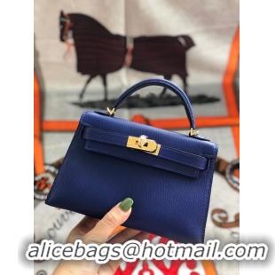 Top Quality Hermes original mini Kelly chevre mysore K19CM blue&Gold Metal