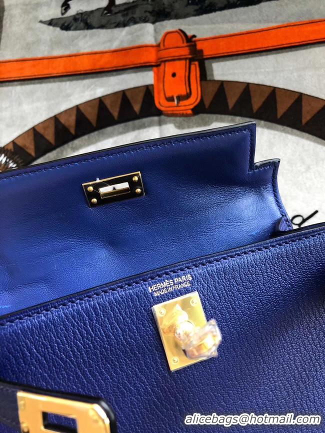 Top Quality Hermes original mini Kelly chevre mysore K19CM blue&Gold Metal