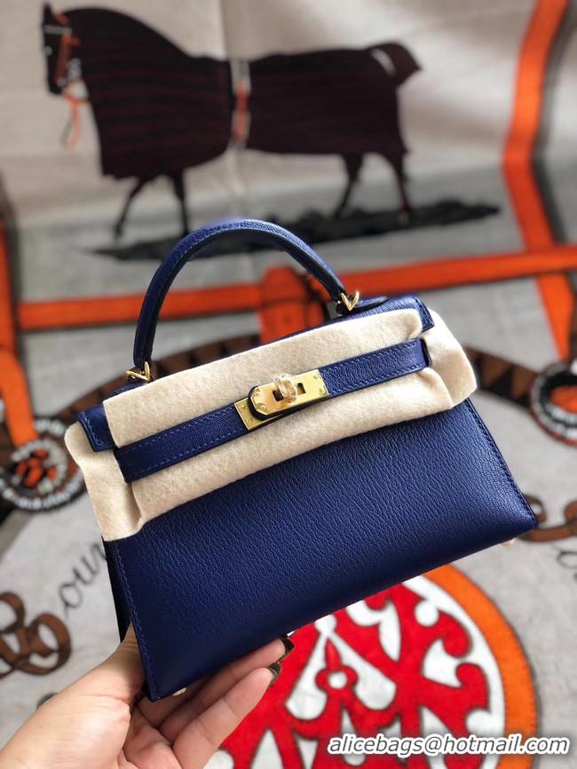 Top Quality Hermes original mini Kelly chevre mysore K19CM blue&Gold Metal