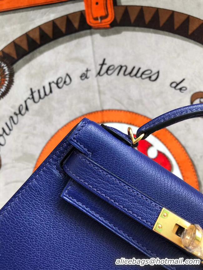 Top Quality Hermes original mini Kelly chevre mysore K19CM blue&Gold Metal