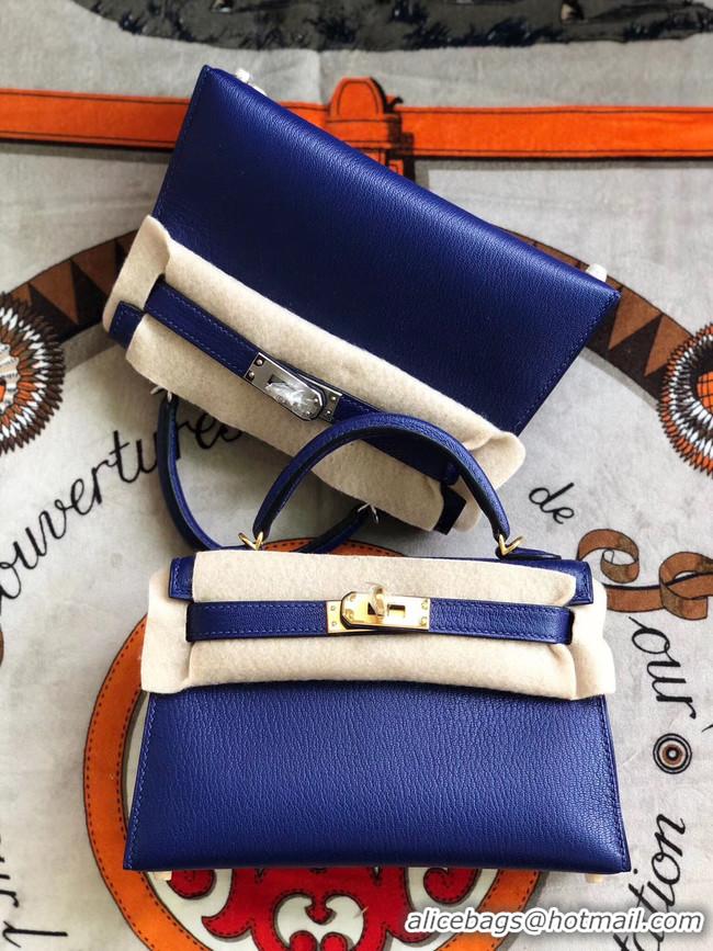 Top Quality Hermes original mini Kelly chevre mysore K19CM blue&Gold Metal