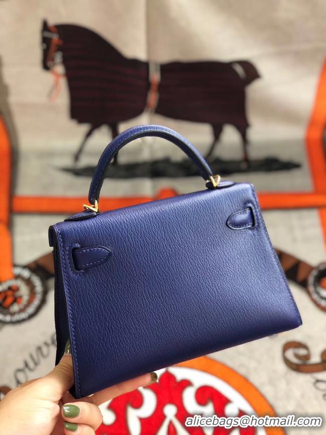 Top Quality Hermes original mini Kelly chevre mysore K19CM blue&Gold Metal